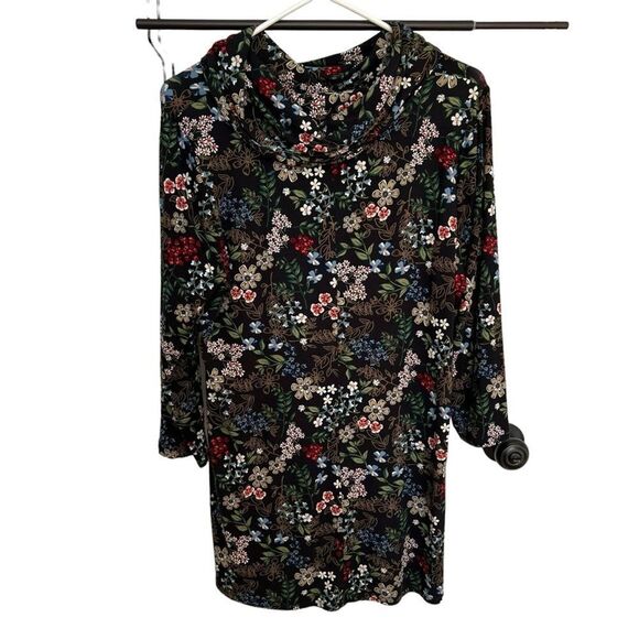 J. Jill Wearever Collection Floral Cowl Neck‎ Jersey Knit Tunic Top Black Medium - Picture 1 of 5